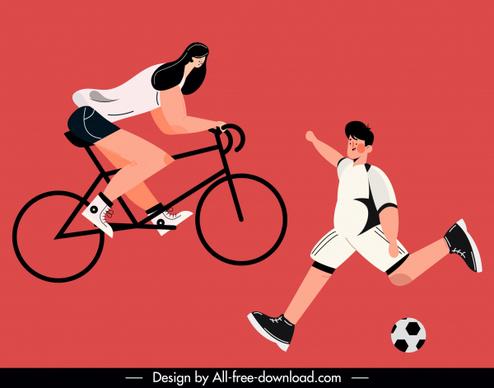 sports icons cycling soccer sketch cartoon characters