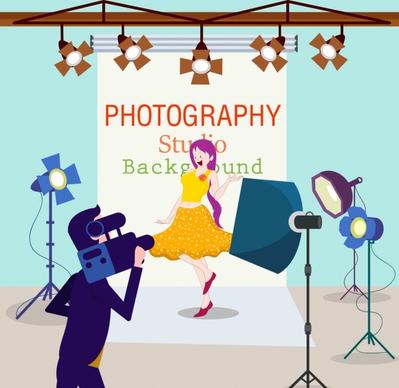 studio background model cameraman devices icons cartoon design