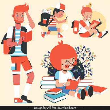 study icons man reading book sketch cartoon characters