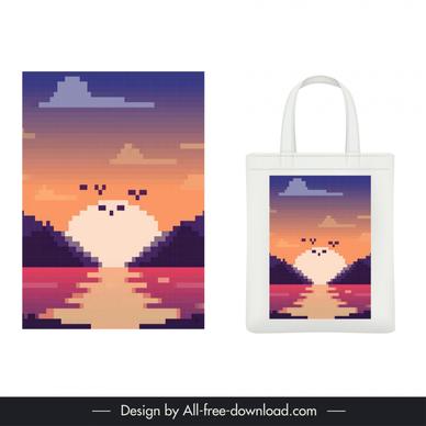 tote bag pixel art design elements symmetric blurred lake sunset scene 