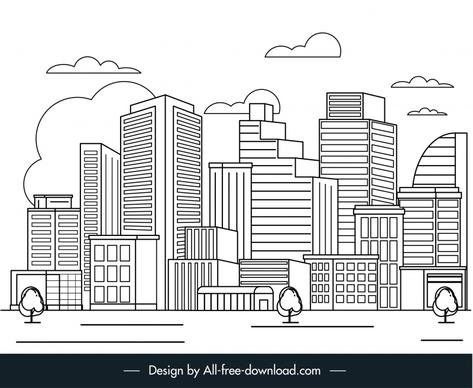  urban landscape backdrop black white modern buildings skyscrapers sketch