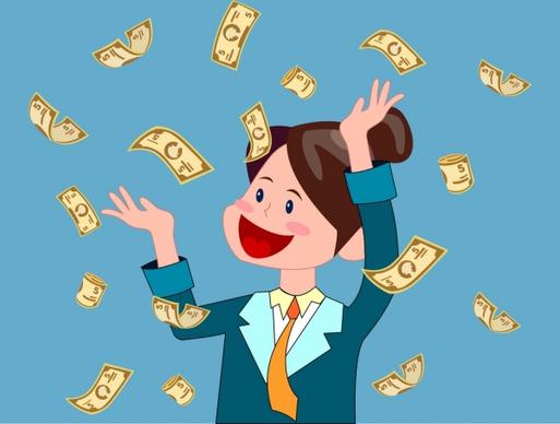 wealthy conceptual drawing happy woman money icons
