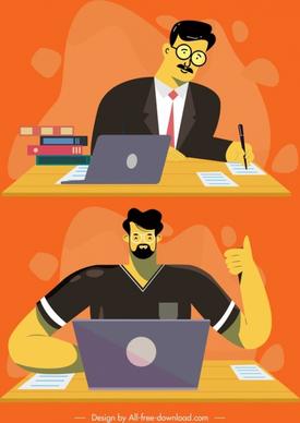 working man icons colored cartoon characters sketch